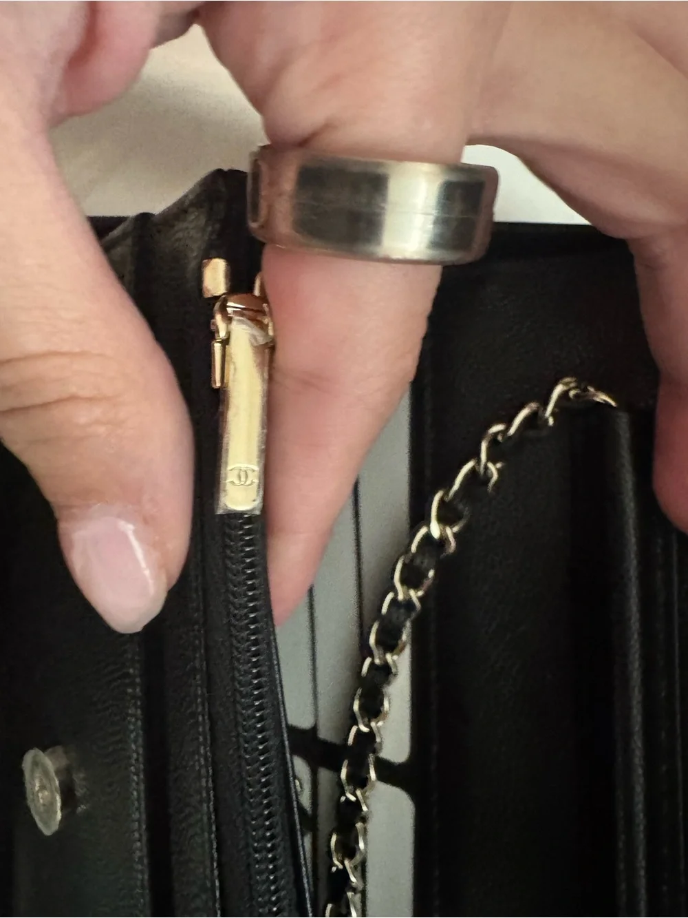 CHANEL Black Quilted Caviar Leather Wallet on Chain